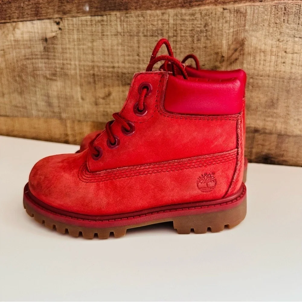 Unisex Timberland Premium Red Nubuck Waterproof Lace Up Toddler Boots